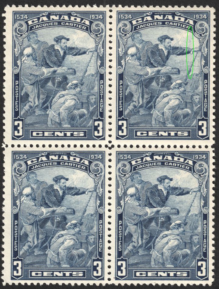 Block of four of the 1934 3 cent Jacques Cartier with 'Hairline from Arm' plate flaw