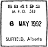 1992 Suffield, Alberta, MPO 513 POCON postmark
