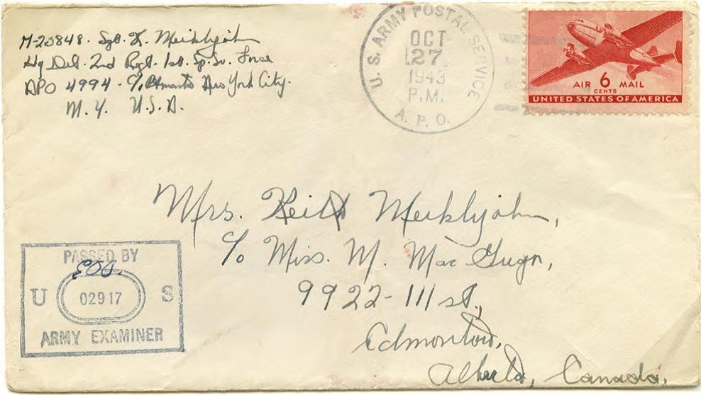 Cover from A.P.O. 4994, c/o P.M. New York, 27 October 1943