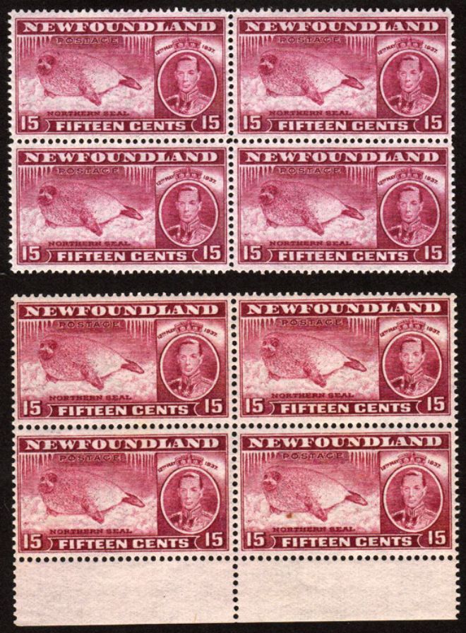 Blocks of 1937 Long Coronation 15 cent with line and comb perforations