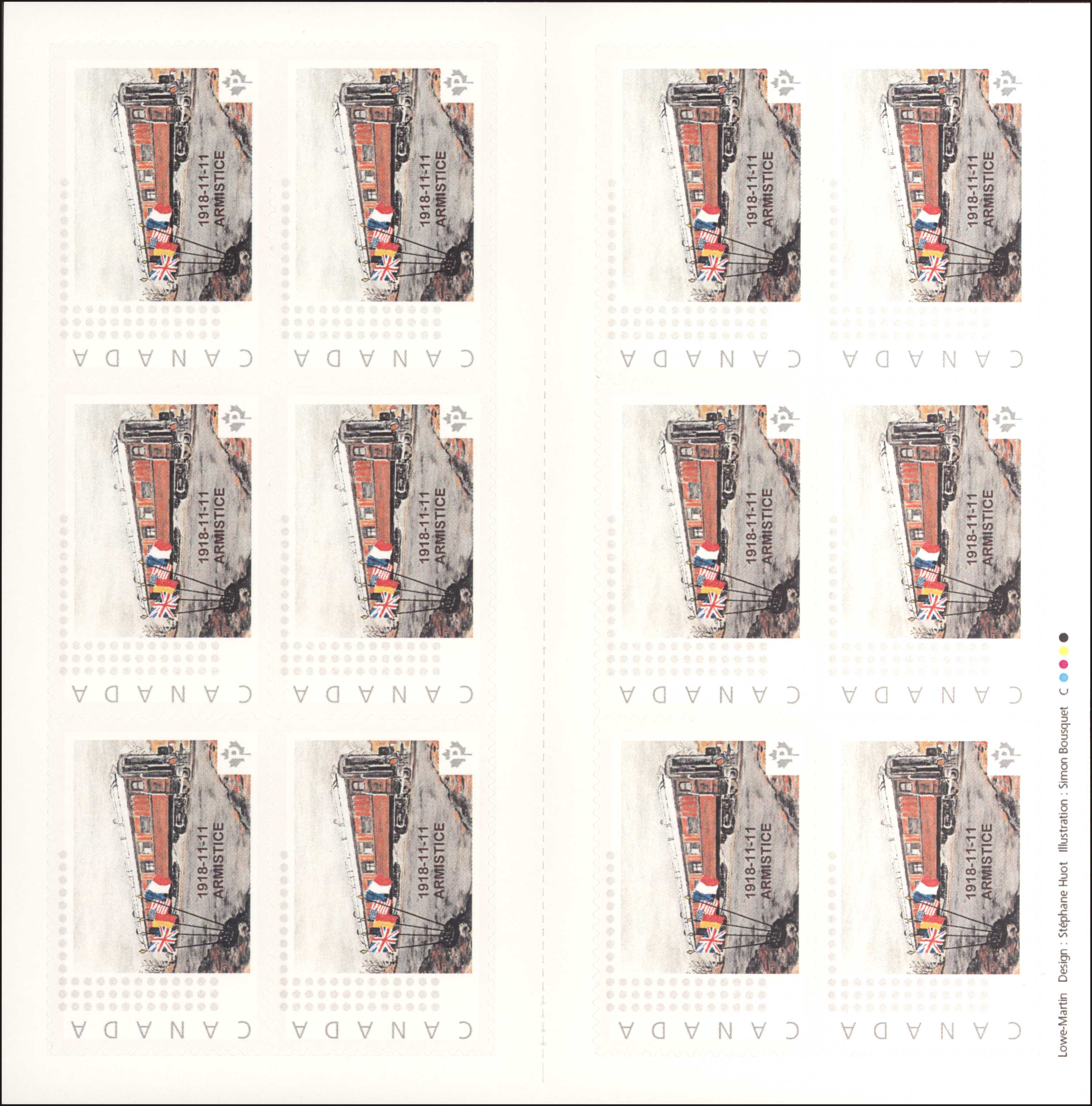 Inside of the booklet of 12 stamps commemorating the 100th Anniversary of the 1918 Armistice