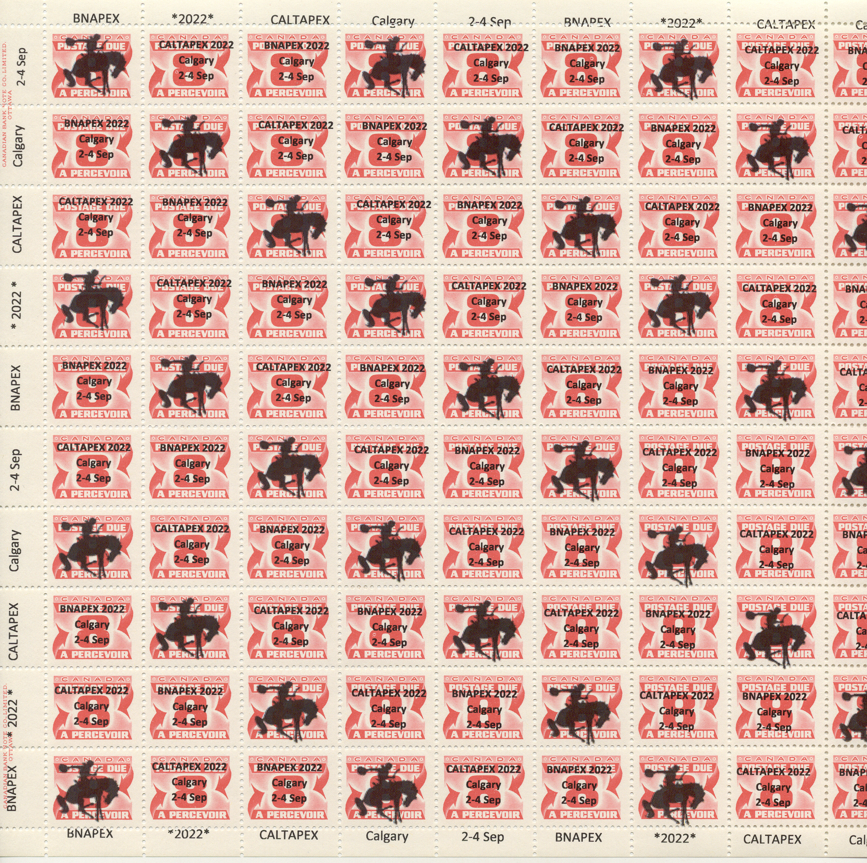 Sheet of the Precancelled Postage Due Perf 12.5x12 (J34a) overprinted to
                     Commemorate BNAPEX in Calgary 2022