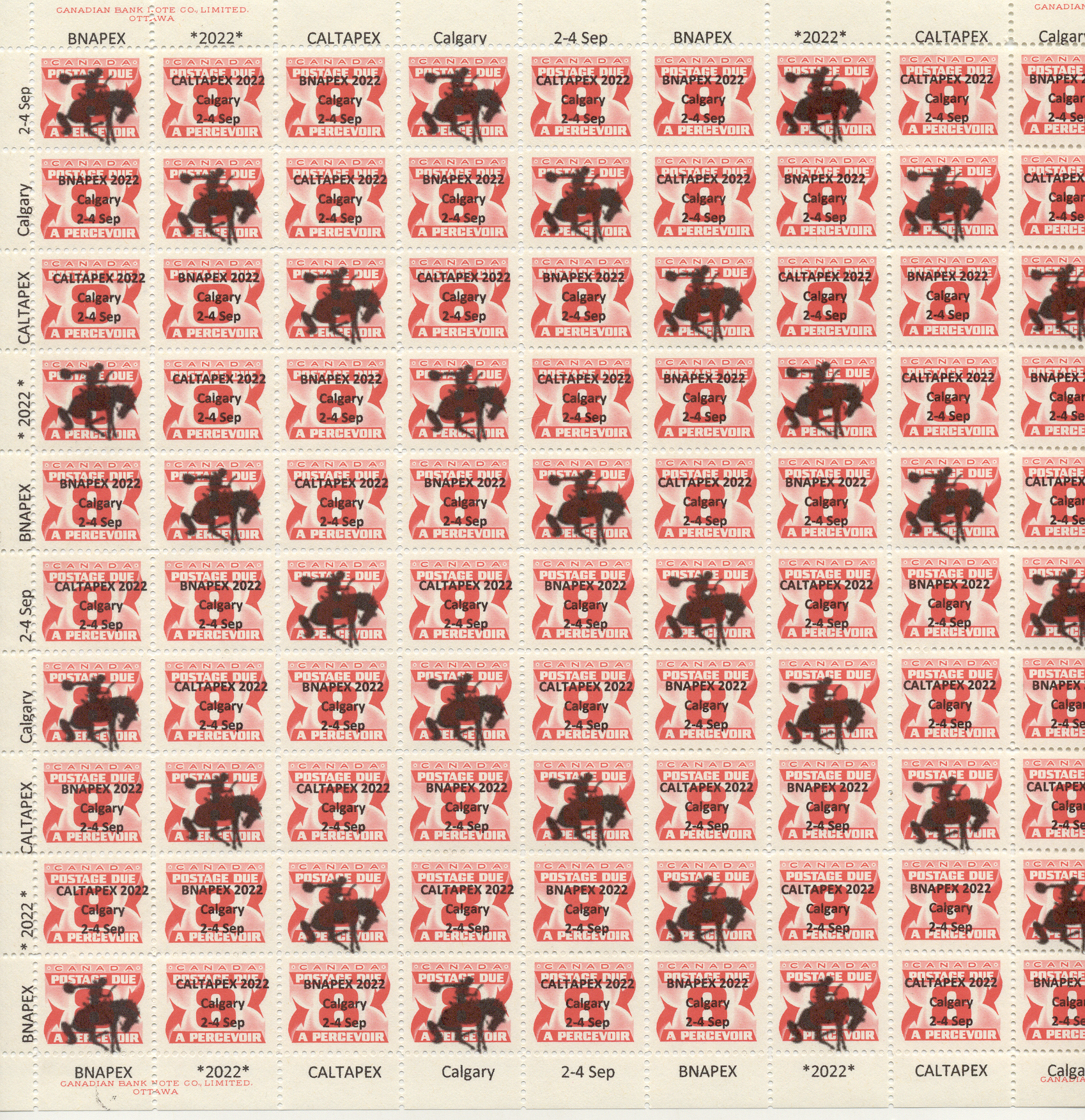 Sheet of the Precancelled Postage Due Perf 12x12 (J34) overprinted to
                     Commemorate BNAPEX in Calgary 2022