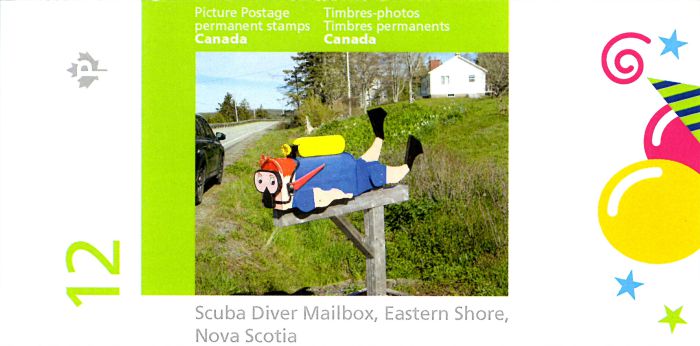 Booklet of Picture Postage stamps showing folk art mailbox shaped as a scuba diver