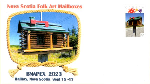 Cachet cover with Picture Postage stamp showing folk art mailbox shaped as a log cabin