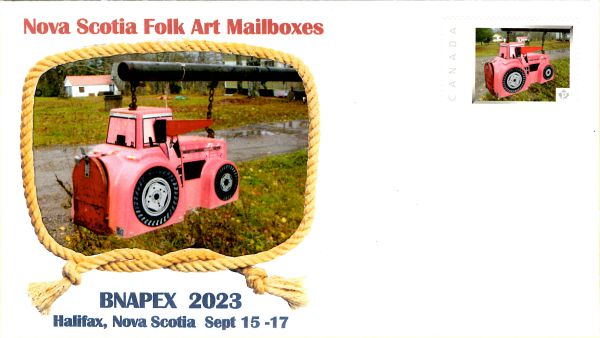 Cachet cover with Picture Postage stamp showing folk art mailbox shaped as a tractor