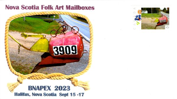 Cachet cover with Picture Postage stamp showing folk art mailbox with a bicycle model on top