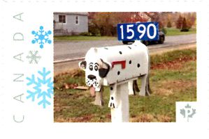 Picture Postage stamp showing folk art mailbox shaped as a dalmatian