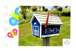 Picture Postage stamp showing folk art mailbox shaped as a house