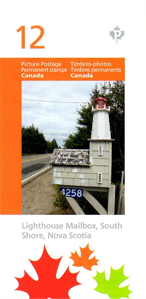 Booklet of Picture Postage stamps showing folk art mailbox shaped as a lighthouse