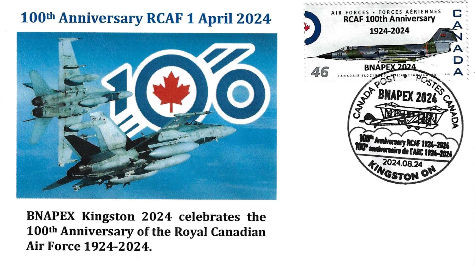 BNAPEX 2024 souvenir cover with hundredth anniversary of RCAF cachet and single stamp