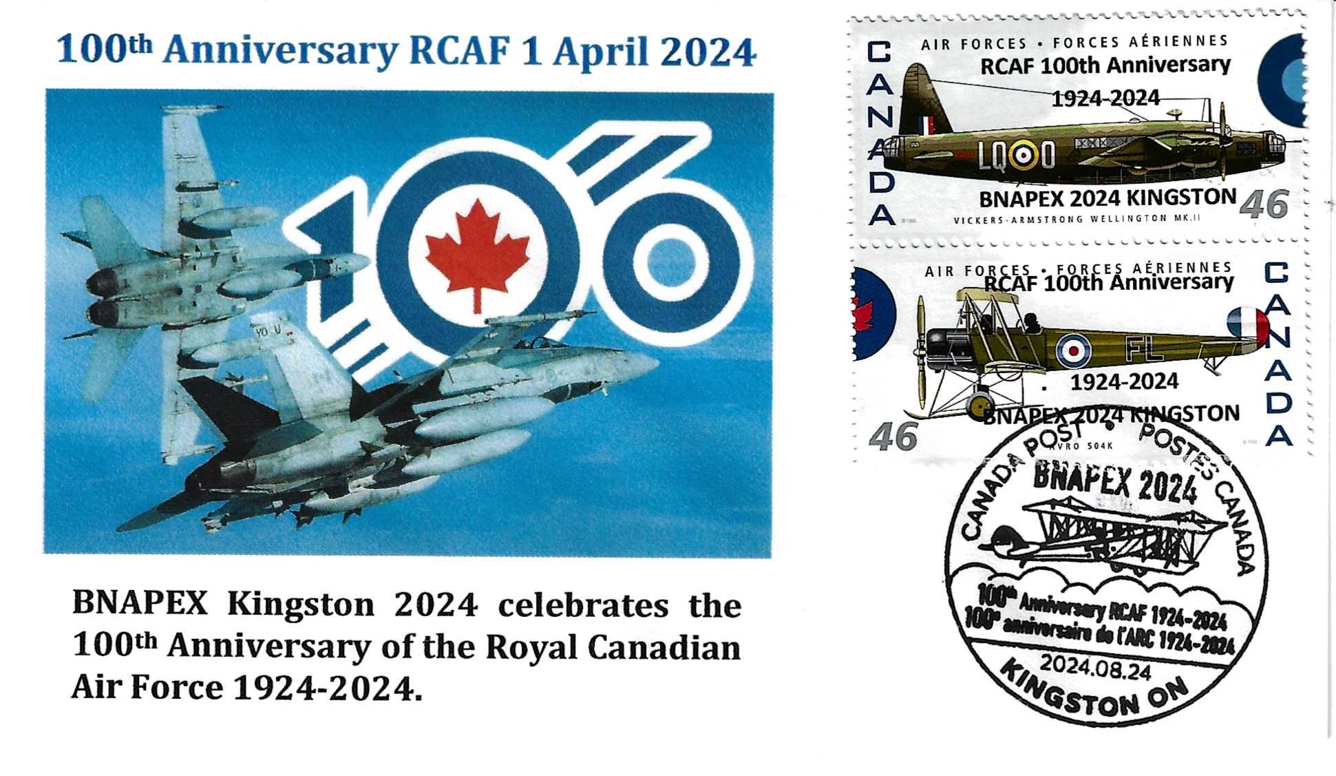 BNAPEX 2024 souvenir cover with hundredth anniversary of RCAF cachet and pair of stamps