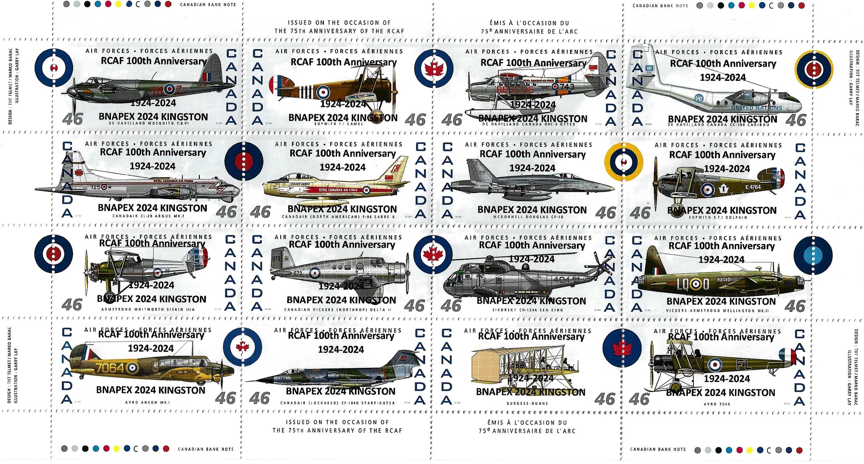 sheet of 16 stamps issued in  1999 to commemorate the 75th anniversary of the Royal
                    Canadian Air Force overprinted to mark the hundredth anniversary