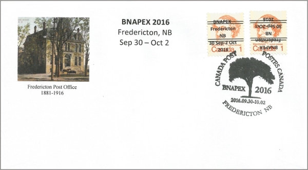 BNAPEX 2016 Souvenir envelope with two overprinted 1973 1¢ Macdonald Caricature definitives