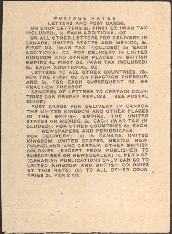 Information sheet with all letters capitalized and War Tax postal rate