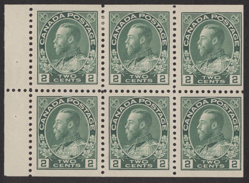 Booklet pane of six Admiral 2 cent green stamps