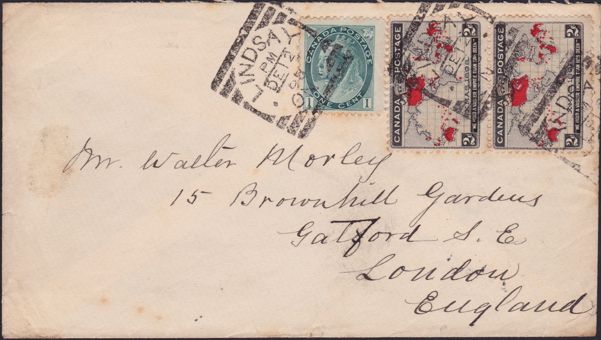 Lindsay, Ontario, Squared Circle cancel on cover with 1898 Map Stamp