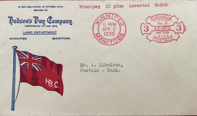 1935 postage meter with a strange inscription on a Hudson’s Bay Company cover