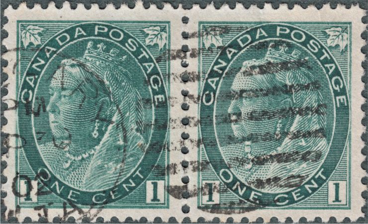 Pair of 1898 1¢ Numeral Issue with major re-entry on left stamp