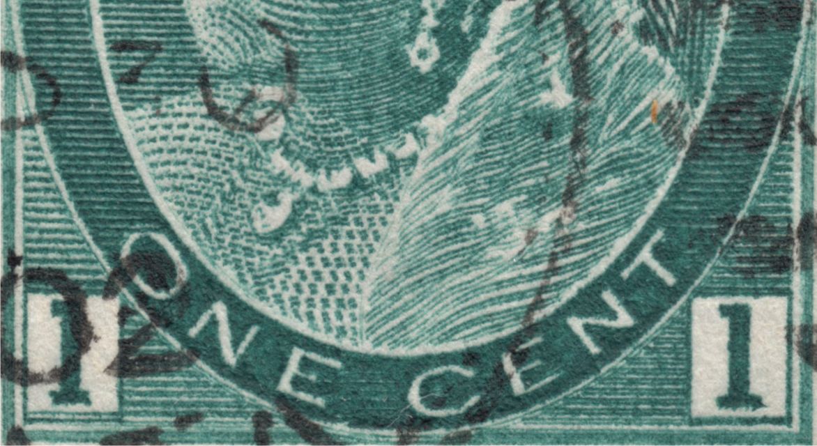 Close-up of major re-entry on 1¢ Numeral Issue