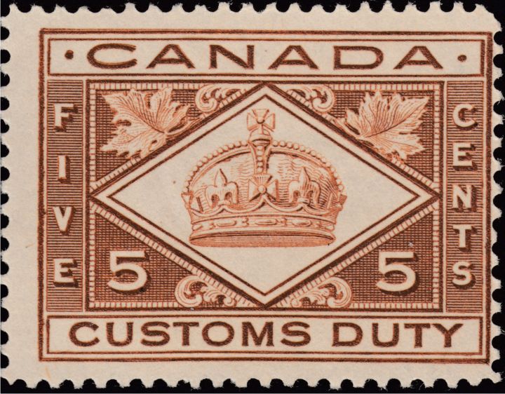 Major re-entry on the 5¢ 1914 Customs Duty revenue stamp
