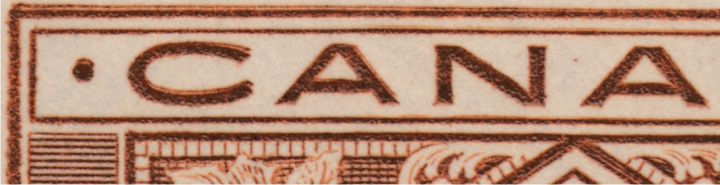 Close-up of the re-entry on the 5¢ 1914 Customs Duty revenue stamp
