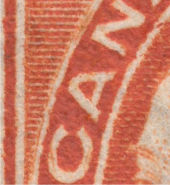 Magnified view of 1R10 re-entry on 1897 8 cent Maple Leaf