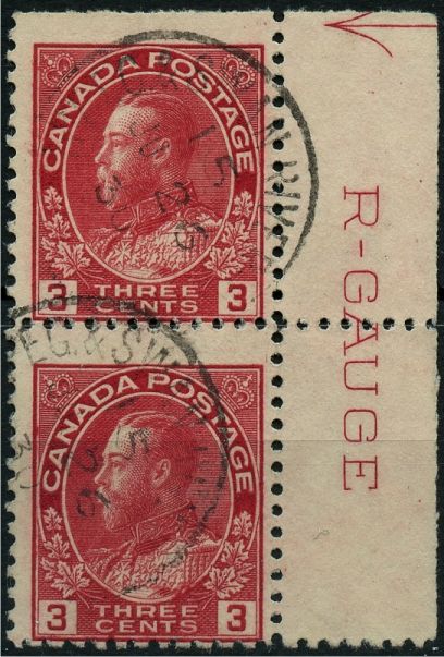 3 cent carmine Admiral stamp with R-GAUGE inscription and RPO cancel