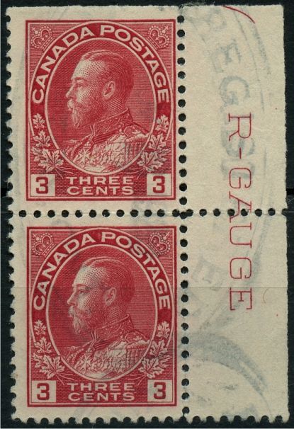 3 cent carmine Admiral stamp with R-GAUGE inscription and registration cancel