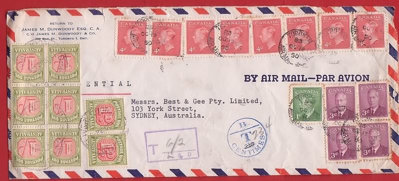 Cover mailed on 19 October 1950 with Australian postage due stamps
