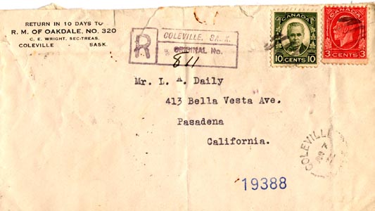 Front of cover from Coleville to Pasadena