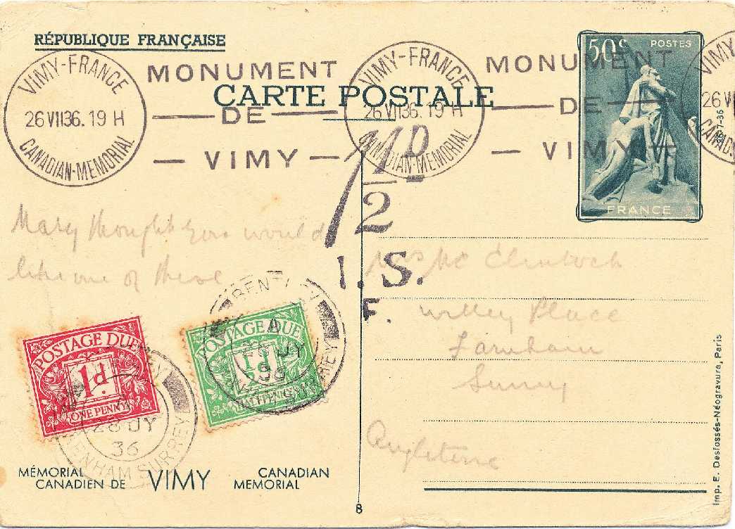 Figure 11.  50c Postal Stationery Postcard to Farnham, Surrey.  
        The card is underpaid as the UPU Foreign Rate was 90c at the time and has 
        therefore been taxed 1½d postage due.