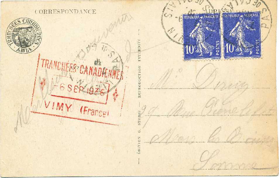 Figure 12a.  Back of picture postcard of the trenches at Vimy Ridge sent to 
        Mers-les-Bains in the Somme.  The card has received the souvenir cachet 
        TRANCHEÉS CANADIENNES / 6 SEPT 1936 / VIMY (France) and was posted 
        at Liévin in the Pas-de-Calais.