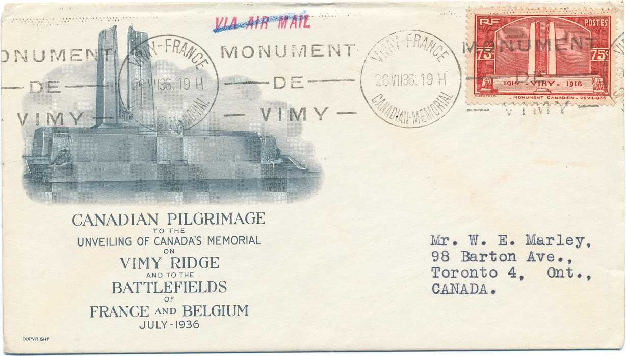 Figure 7.  75c value paying the concessionary Franco-Canadian Letter 
        Rate on First Day Cover to Toronto, Ontario, cancelled by Krag 'Monument de Vimy'