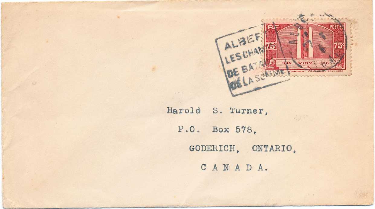Figure 8.  75c value paying the concessionary Franco-Canadian Letter 
        Rate on cover dated 27 July 1936 to Goderich, Ontario, cancelled by 
        Daguin 'Albert - les champs de bataille de la Somme'