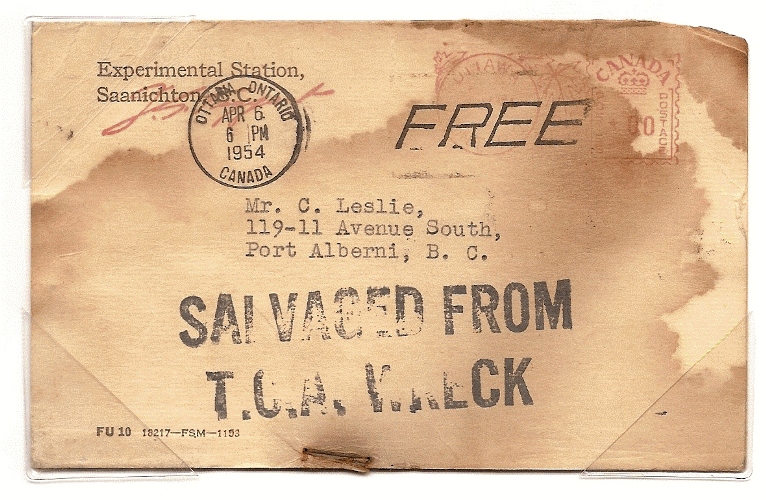 Postcard from the 1954 crash of
                Trans Canada Air Lines Flight 9 with “Salvaged from T.C.A. wreck” hand stamped in black
                across the front