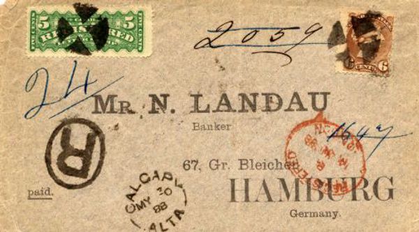 Registered letter postmarked CALGARY / ALTA / MY 30 / 88 to Hamburg, Germany