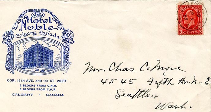 Hotel Noble illustrated corner card cover to Seattle, Wash.
    Three Cents Medallion cancelled MACLEOD & CALGARY R.P.O. / No. 1 / AP 1 / 33.