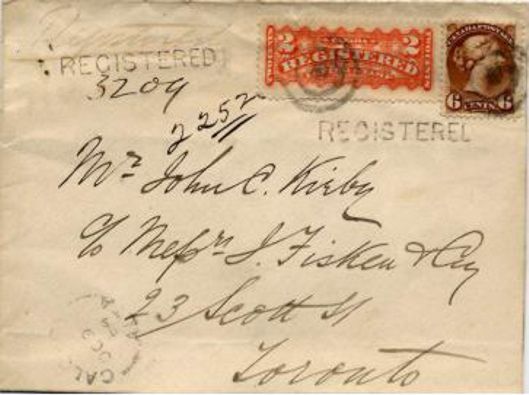 Double weight registered letter from Calgary to Toronto, cancelled on October 9, 1884