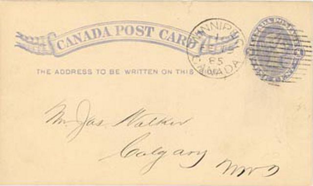 Front of 1885 postcard sent to James Walker, Calgary, NWT,
        acknowledging his subscription to The Manitoba Free Press