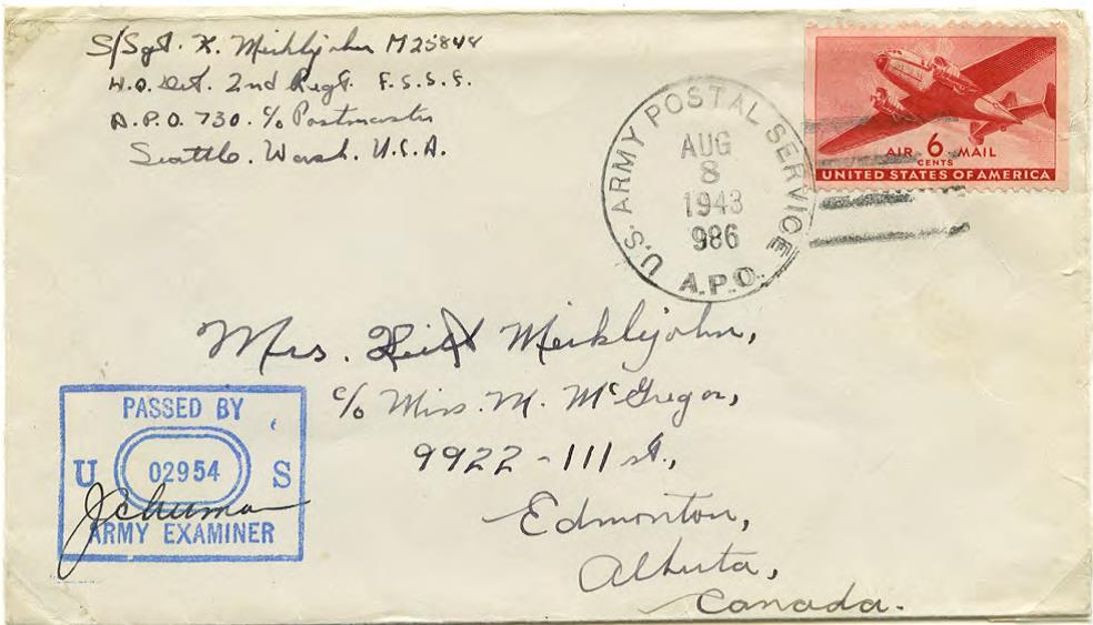 Cover from Amchitka, Alaska, 8 August 1943, showing Army Post Office type marking
                 with killer bars and the Censor’s handstamp and signature