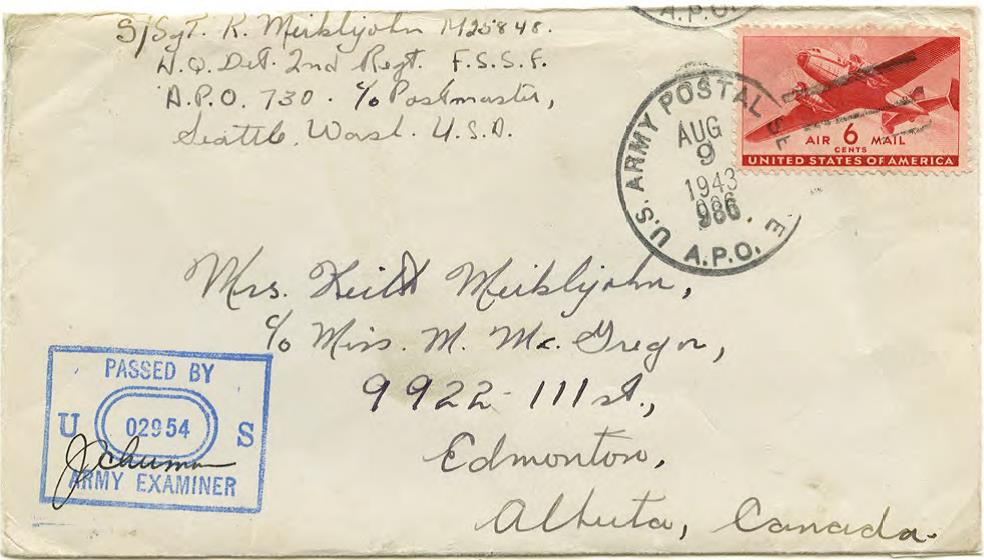 Cover from A.P.O. 986, 9 August 1943, showing Type B.1 U.S. censor marking and an
                 officer signature