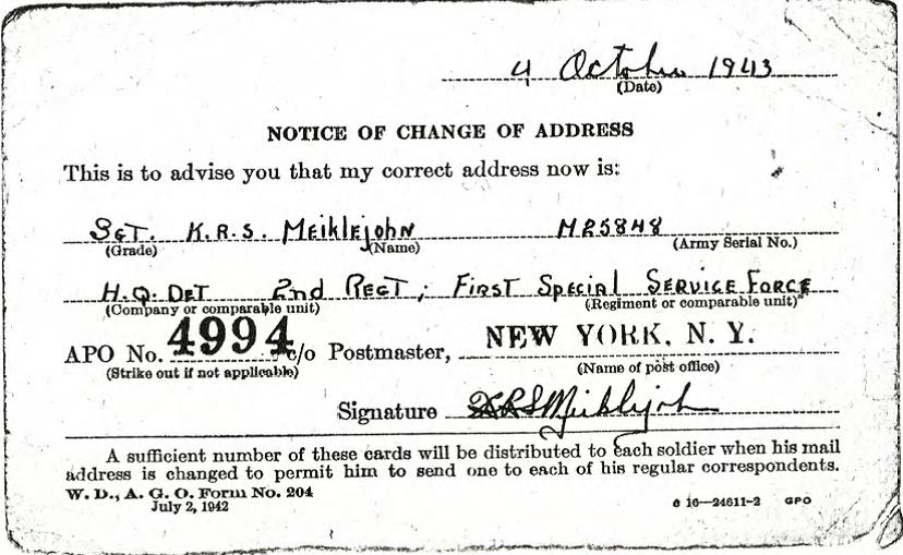 Notice side of change of address card from Fort Ethan Allen, Burlington, Vermont, 23 October 1943
