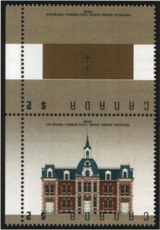 Vertical strip of the $2.00 Truro with inverted inscription from the Hamilton pane