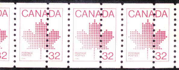 32¢ Maple Leaf coil with crooked holes in the normal perforations