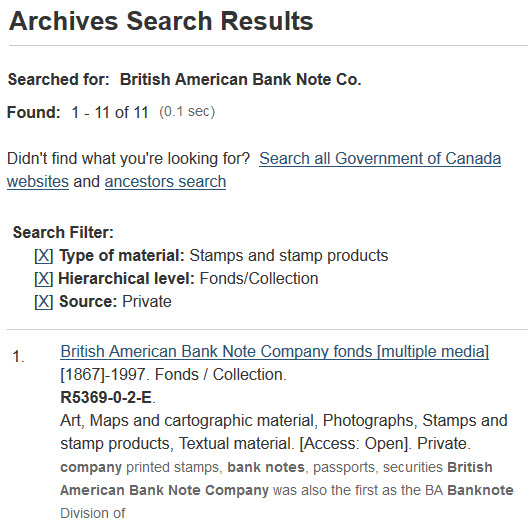 First item in the list of search results with a search keyword set to British American
                     Bank Note Co.