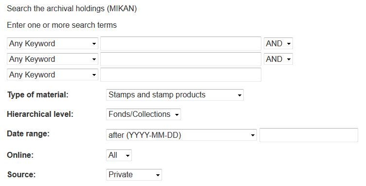 Filled-in form for Archives search for private philatelic fonds