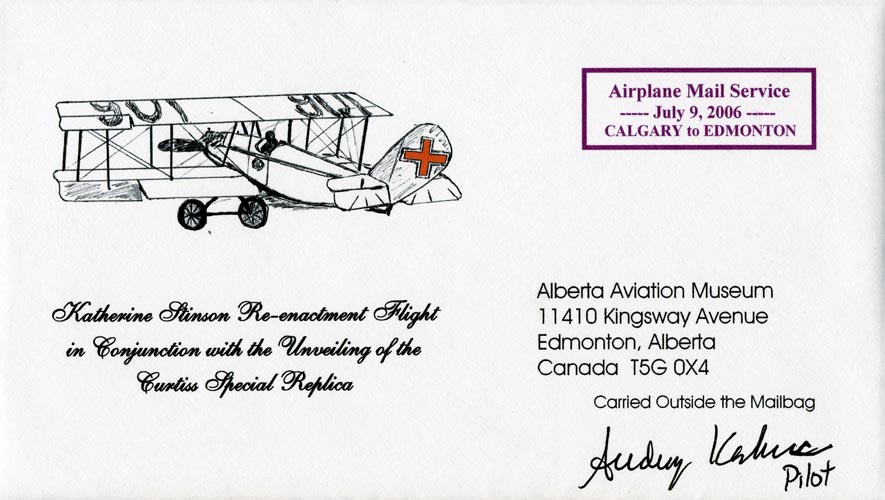 Cover marking the re-enactment of Katherine Stinson's flight, signed by Audrey Kahovec, the pilot