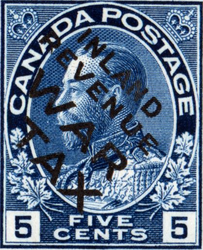 Admiral 5 cent blue stamp overprinted Inland Revenue War Tax
