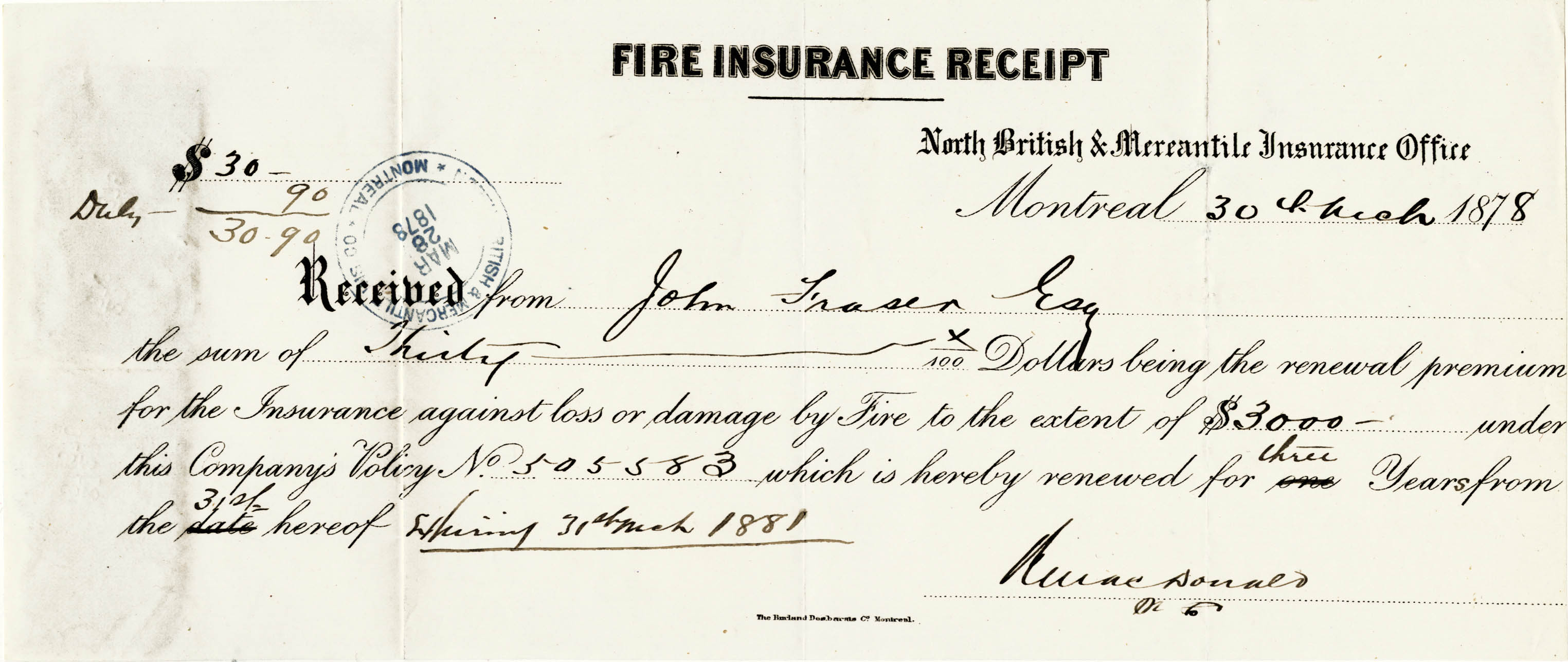 Fire Insurance Receipt